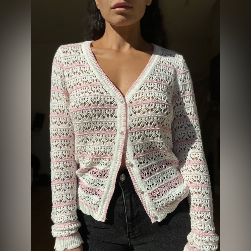 Cyrus Pink & White Crochet Knit Cardigan – Pearl Buttons